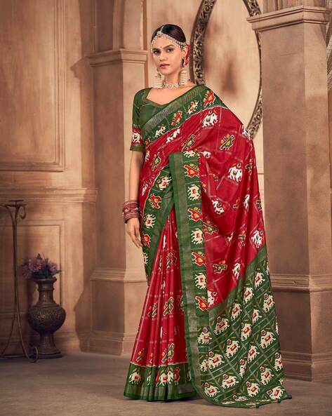 Tradition Wear Red Silk Saree with Green Blouse - Shahi Fits