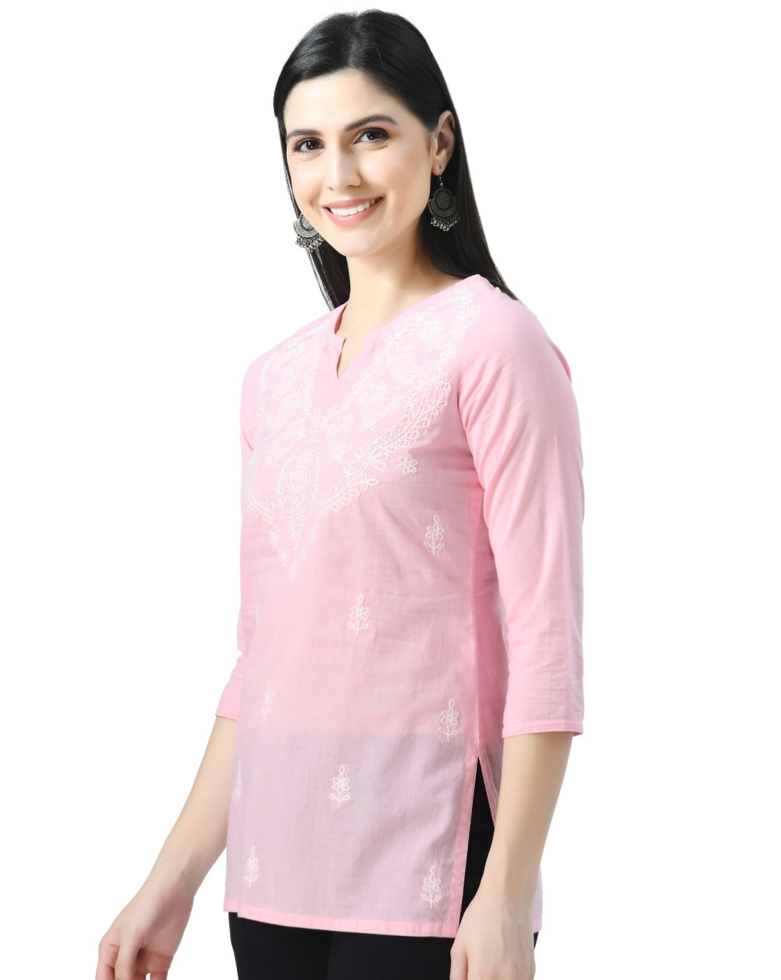 Baby Pink Women's Georgette Embroidered Nayra Cut Sleeveless Kurti Wit