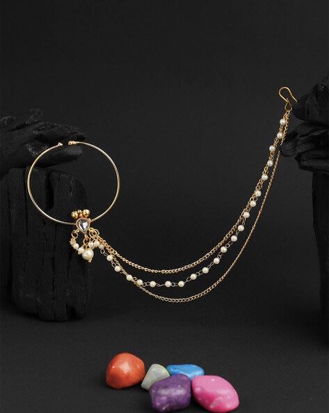 N9255 Kundan Nose Ring Gold Plated Chain Red White Pearl Drops Online |  JewelSmart.in
