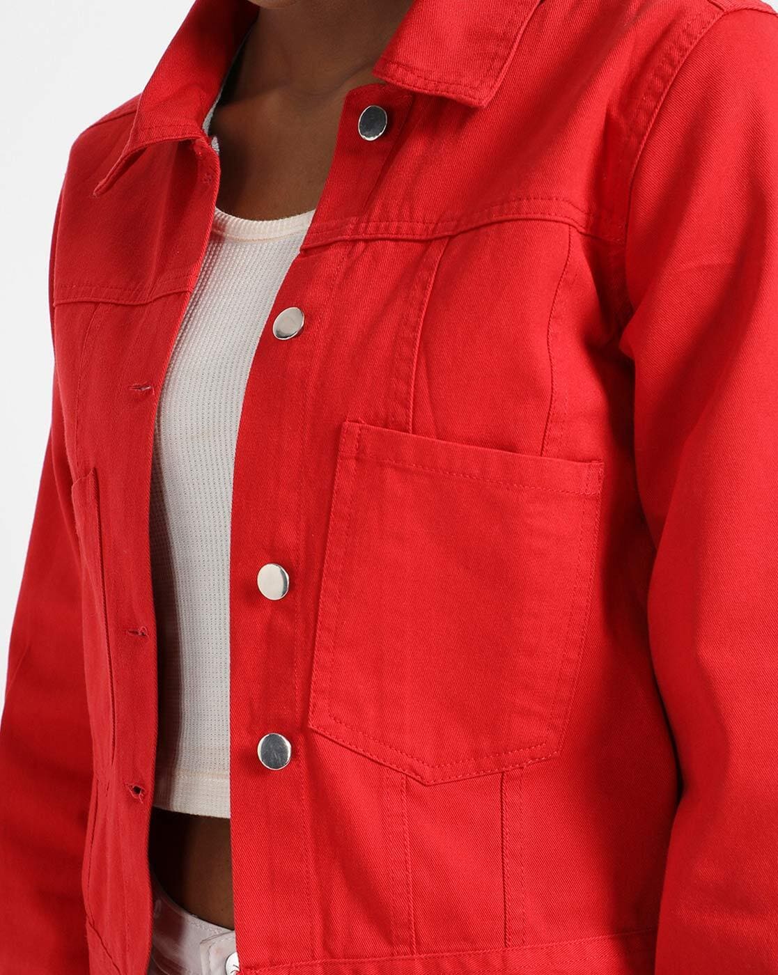 Plus Size - Ruby Red Denim Trucker Jacket - Torrid