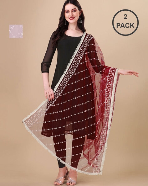 Pack of 2 Embroidered Dupattas with Fringes Price in India