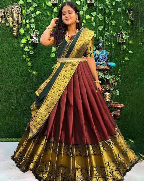 Mustard Yellow and Maroon Embroidered Viscose Silk Lehenga Choli – nirshaa