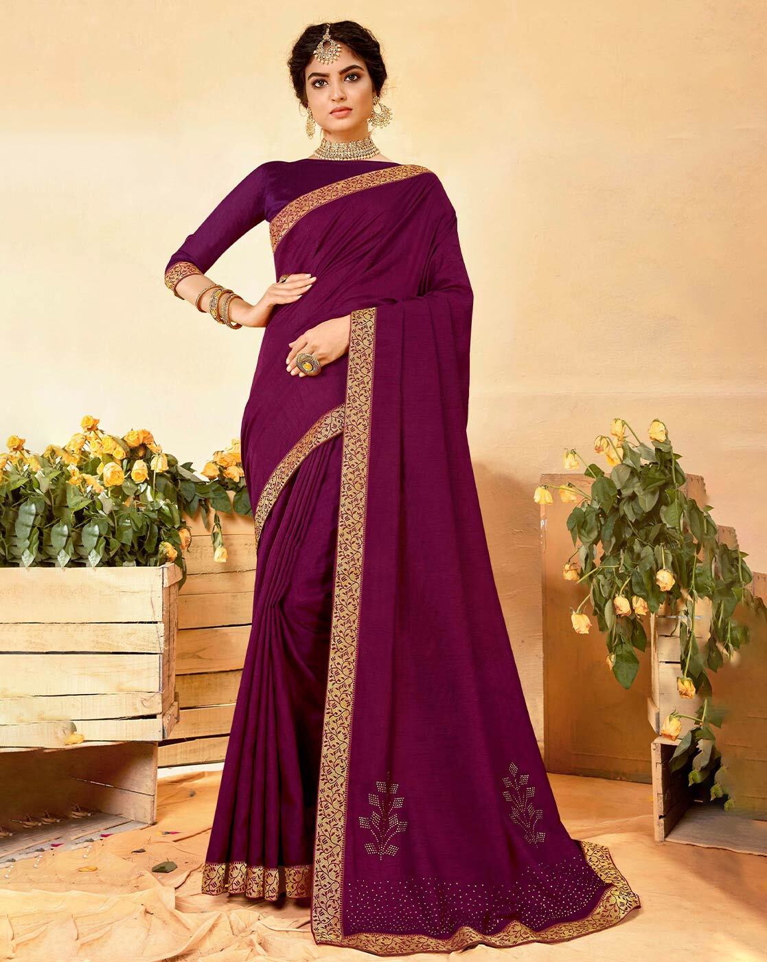 Dark Eggplant Wine Satin Silk Saree With Handmade Tassels On Pallu –  kreationbykj