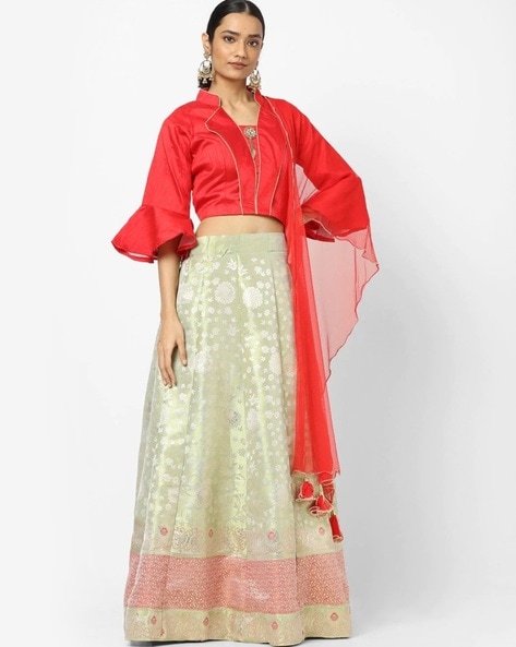 Red And Cream Embroidery Lace Border Banglori Silk Casual A-line Lehenga  Choli. Buy Online Shopping Lehenga Choli At -Chennai.