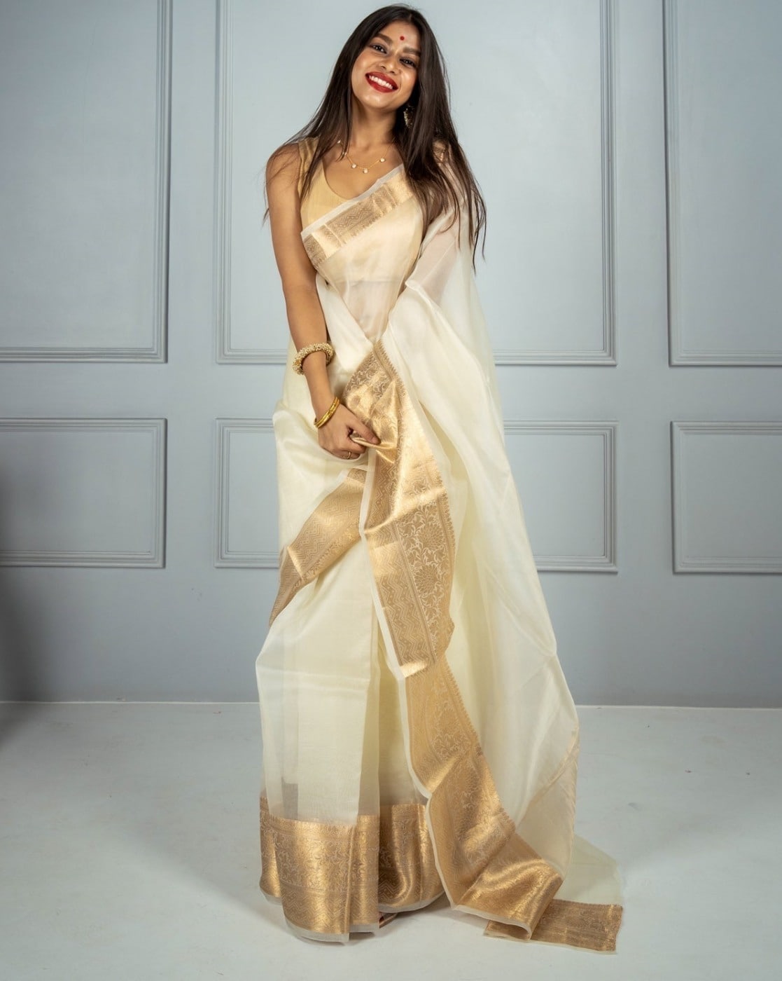 Buy Off White and Golden Silk Saree at Best Prices - Beatitude