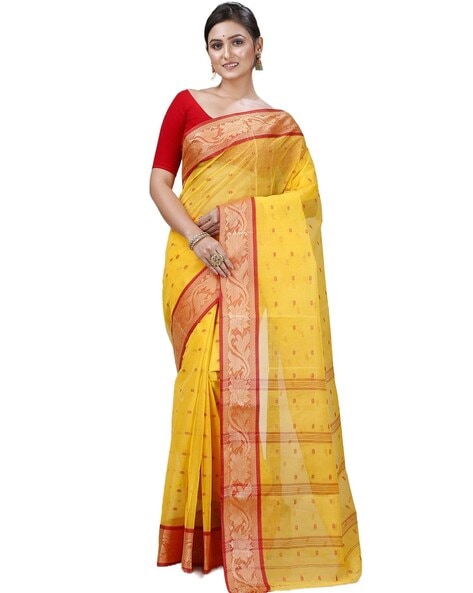 Buy Yellow & Red Cotton Tant Saree with All over Body Work