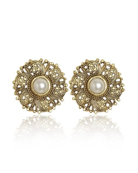 CHANEL Vintage Gold Metal And Pearl Cabochon Round Clip On Earrings