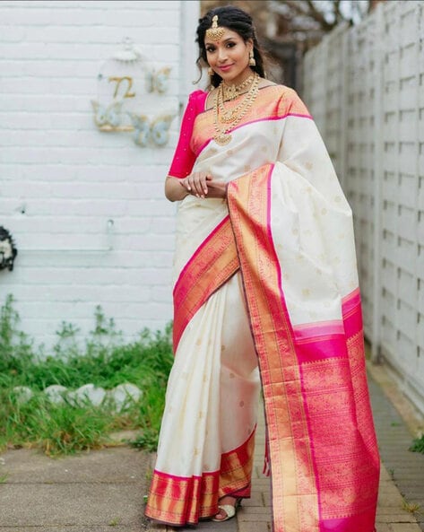 Heavy Silk Saree With Stone Embroidered In Off White SARV166984