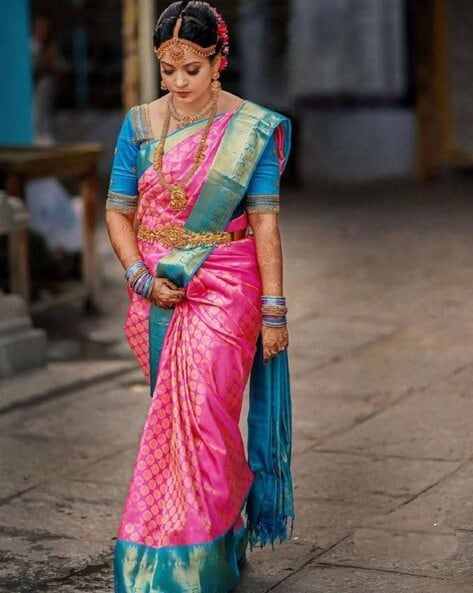 Buy Blue & Pink Combination Pure Kanchipuram Pattu Silk Saree With  Attractive Blouse Piece earth Online in India - Etsy