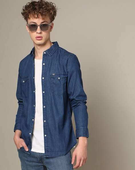 Buy Spykar Dark Blue Cotton Full Sleeve Denim Shirt for Men online