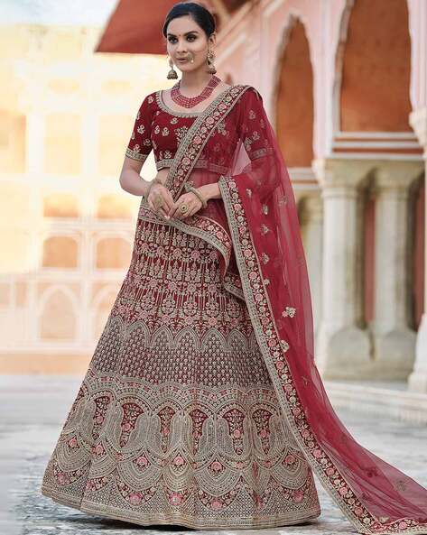 Maroon Raw Silk Lehenga Choli with Net Dupatta