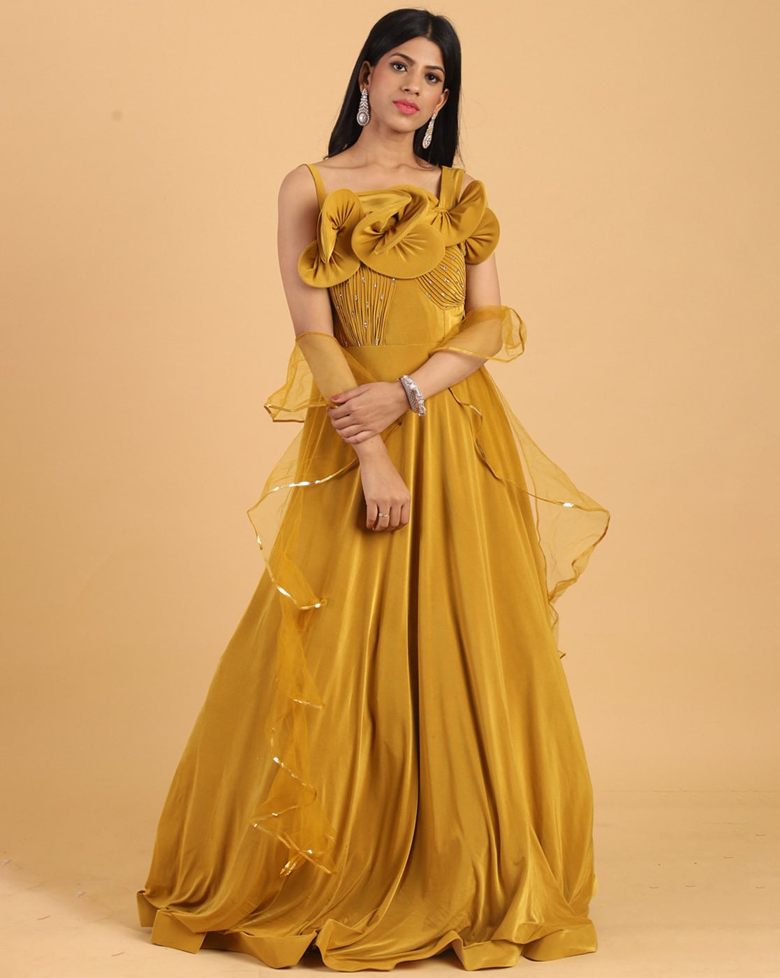 Georgette Yellow Color Stylish Readymade Gown With Dupatta | Gown with  dupatta, Designer gowns, Embroidered gown