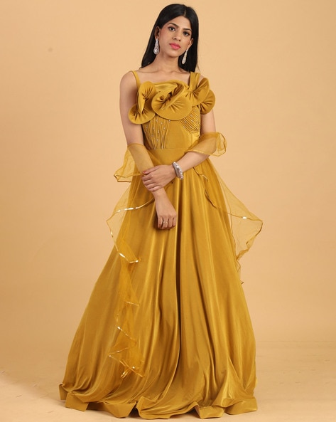 Mustard Yellow Georgette Sequins Hand Embellished Gown With Dupatta Design  by FATIZ at Pernia's Pop Up Shop 2024