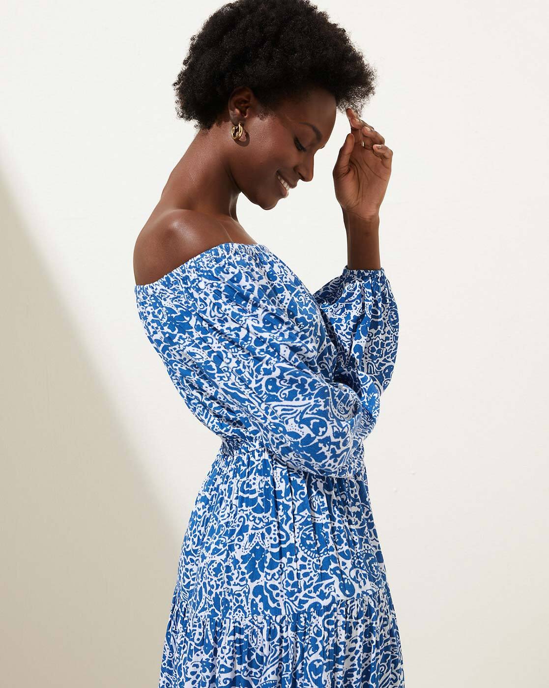 Blue floral off store the shoulder dress