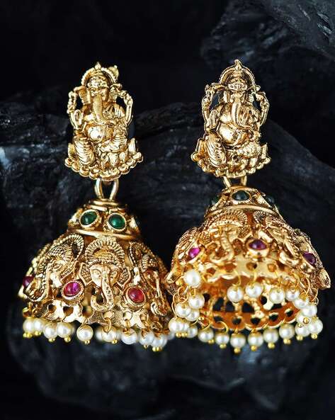 Gold Finish Temple Jhumka Earrings With Synthetic Stones Design by VASTRAA  Jewellery at Pernia's Pop Up Shop 2024