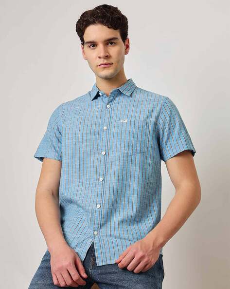 CP BRO Men's Slim Fit Woven Shirt (SBO1-28 B-FS-CHK-BSL_Light Blue_M) :  : Clothing & Accessories