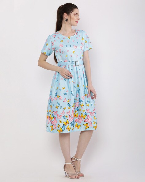 Sateen butterfly print cheap fit and flare dress