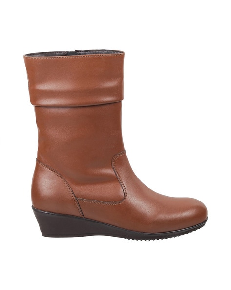 Tan calf shop length heeled boots