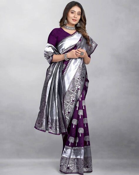 Lavender georgette silver zari party wear saree with blouse - Flourious -  4173207