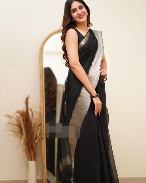 Beautiful Linen Soft Cotton Black Saree!! – Royskart