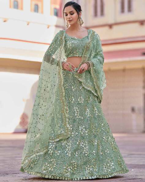 Buy Appealing Green Sequins Work Silk Ready-Made Crop Top Lehenga At Zeel  Clothing