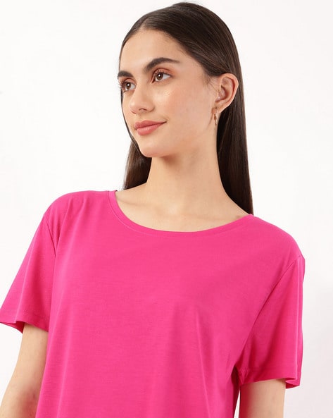 Plain Round Neck Half Sleeve Fuchsia Pink T-Shirt