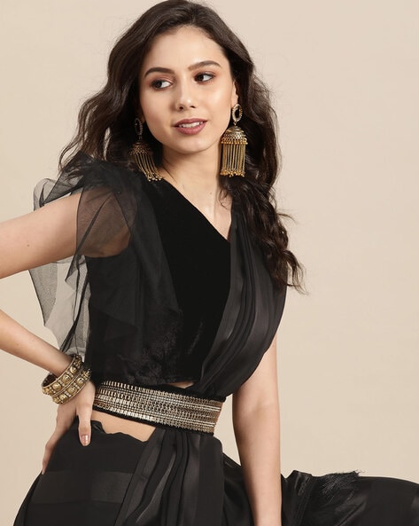 Black Satin Striped Saree with Belt