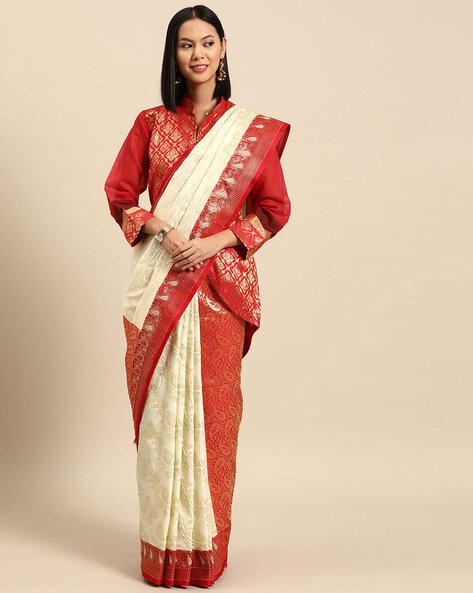 Half White with Maroon Border Kanjivaram Silk Sari- Bridal Collections –  Vivaaha Silks & Sarees