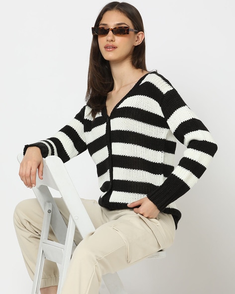 Black and white outlet striped v neck sweater