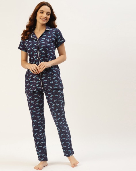 Graphic Print Woven Top Pyjama Set