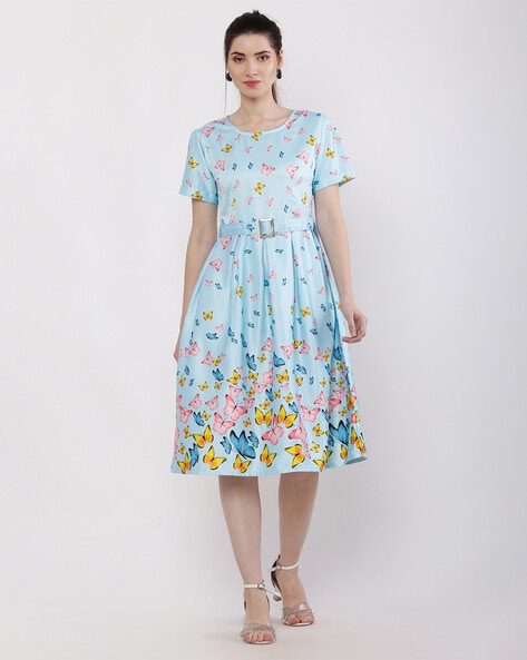 Sateen butterfly print fit and store flare dress