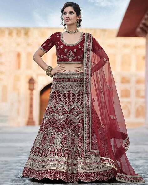 Buy Maroon Embroidered Pure Velvet Bridal Wedding Lehenga Choli for Women  From Ethnic Plus