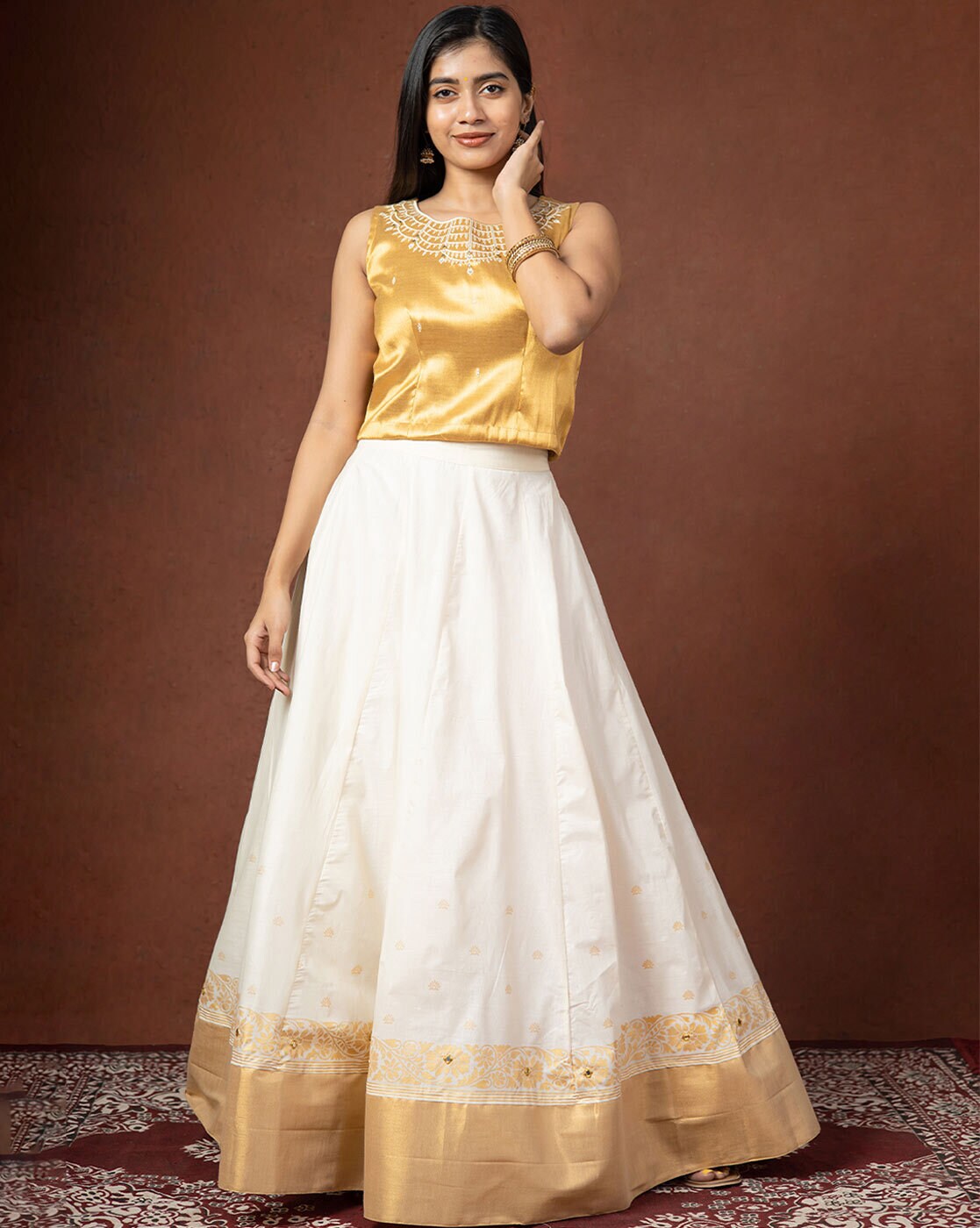 White Golden Net Embroidered Lehenga Maxi Outfits - Classy Corner