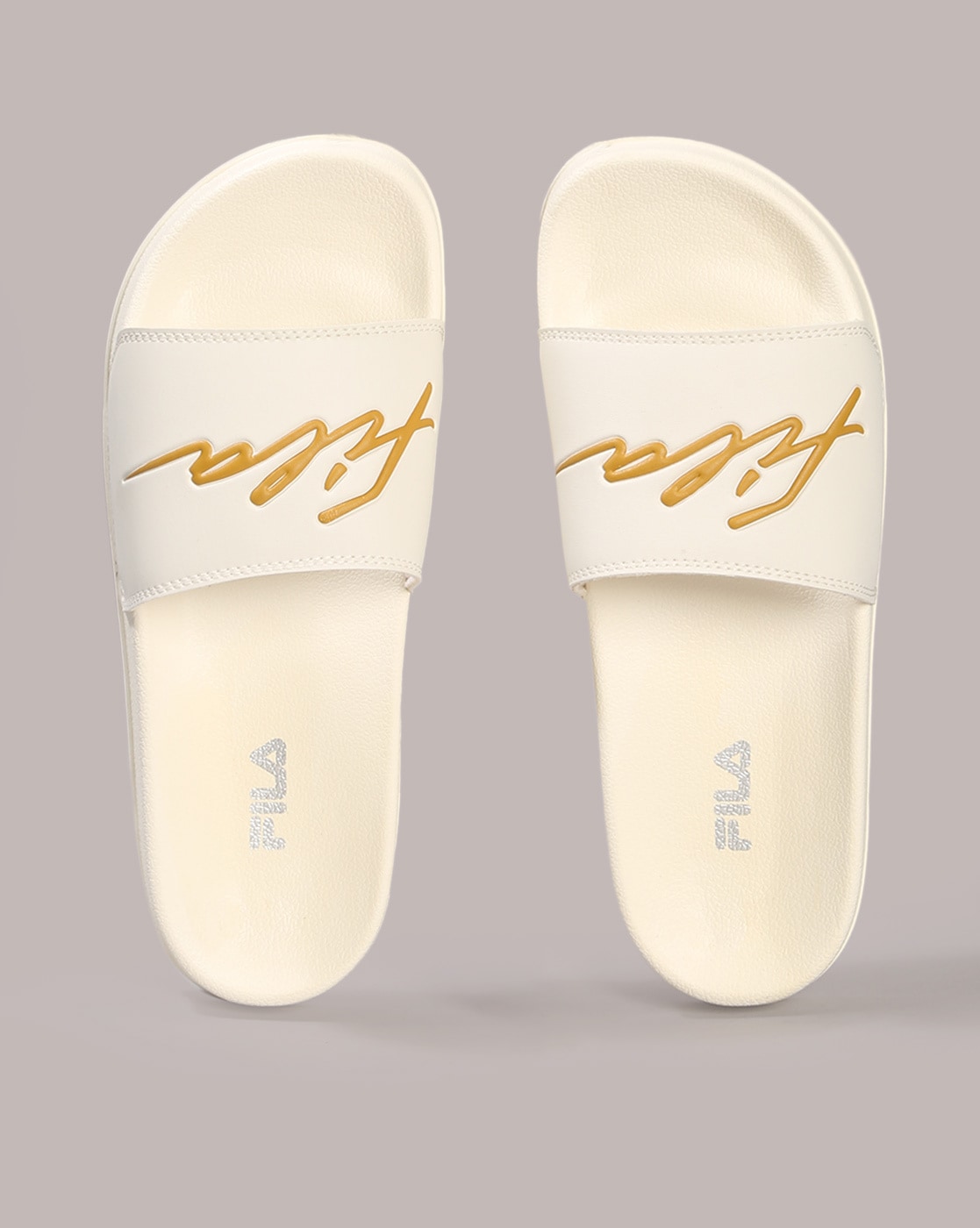 White and gold 2025 fila slides