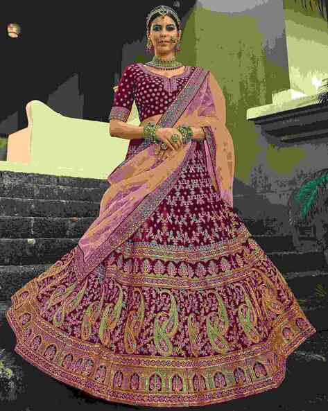 Maroon Color Markable Velvet Heavy Bridal Wedding Wear Lehenga Choli  -1230128493