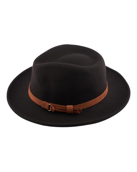 THE TIE HUB Men Belted Fedora Hat with Wide Brim For Men (Black, OS)