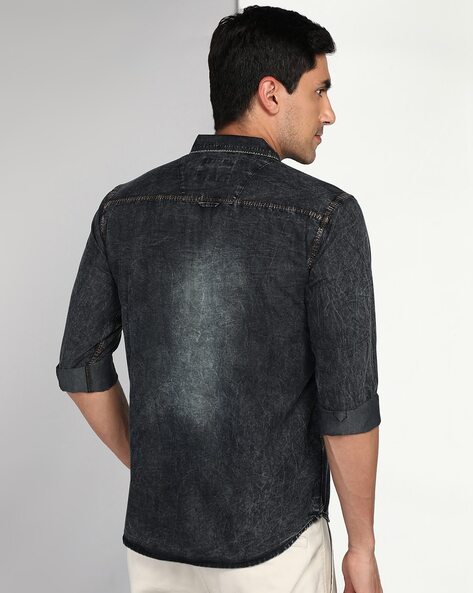 Stretch Slim Denim Shirt With Grandad Collar Wholesale Manufacturer &  Exporters Textile & Fashion Leather Clothing Goods with we have provide  customization Brand your own