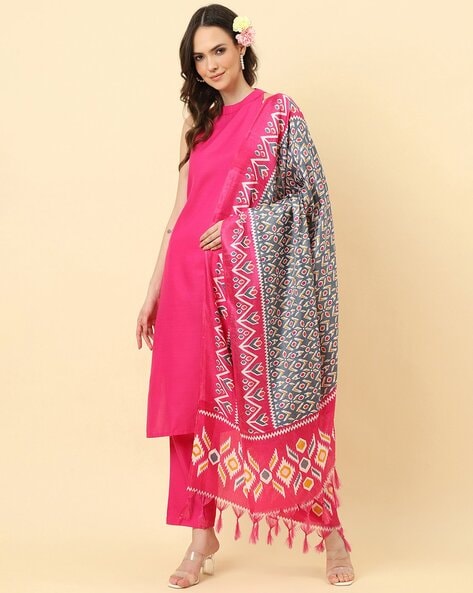 Ikat Print Dupatta with Contrast Border & Tassels Price in India