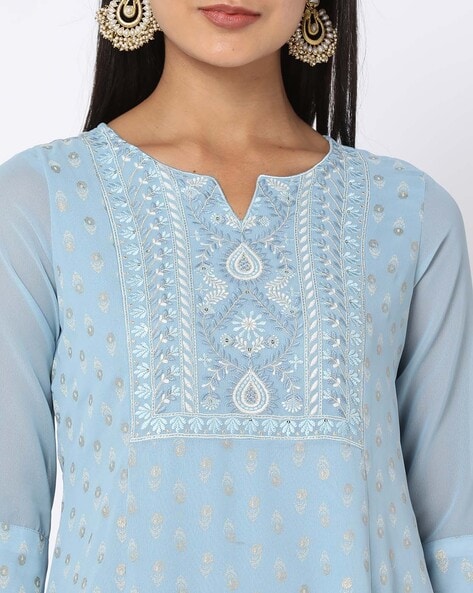 Hand Embroidered Lucknowi Women's Faux Georgette Blue Kurta With Slip