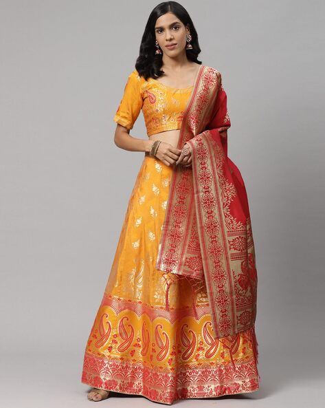 Buy Yellow Floral Lehenga Online in USA|Embroidered Border| Red Dupatta –  Pure Elegance