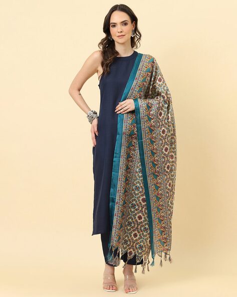 Floral Print Dupatta with Contrast Border & Tassels Price in India