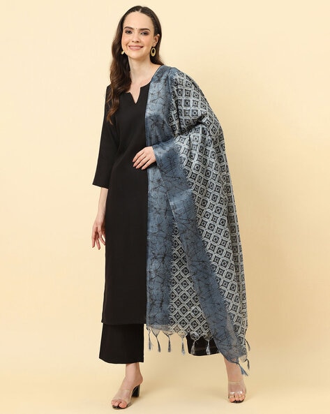 Ikat Print Dupatta with Contrast Border & Tassels Price in India