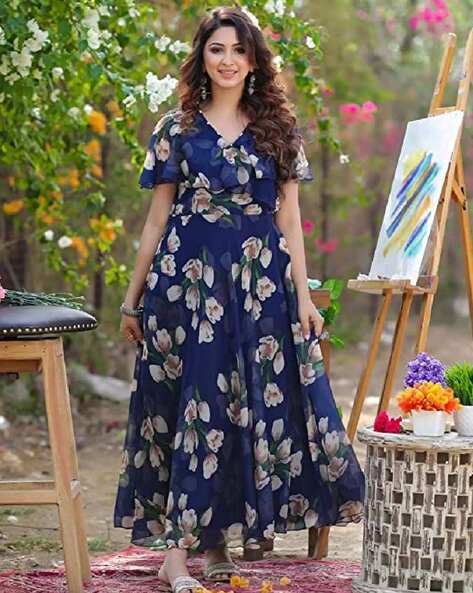 Super Stylish Off White Floral Printed Readymade Gown For Women –  FOURMATCHING