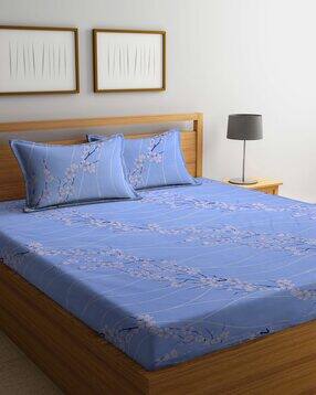 400 TC Floral Print Pure Cotton Fitted Double Bedsheet with Pillow Covers-image-30