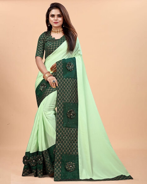 Silk Linen Plain Saree Green Color with contrast border and attached  Running Blouse-Indiehaat – Indiehaat.com