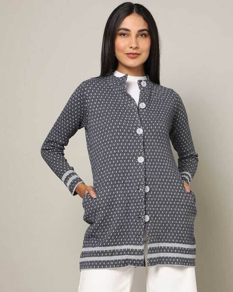Intarsia-Knit Cardigan with Band Collar