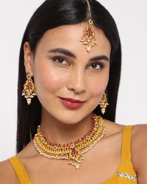 MATCHITT Women Gold-Plated Necklace Earrings & Mangtika Set