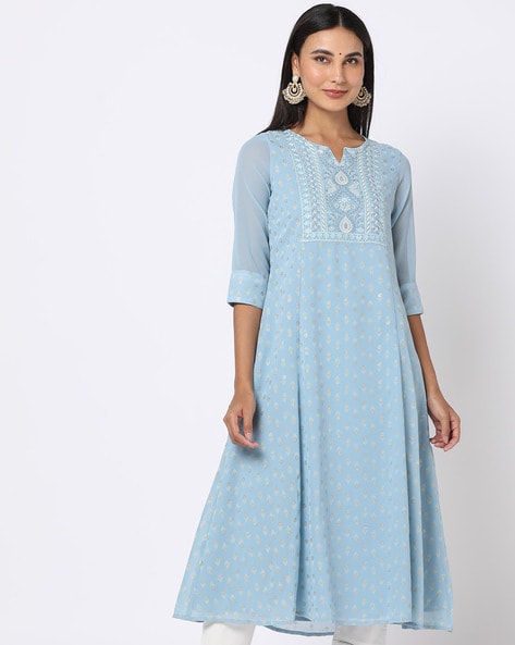 Sky-blue embroidered cotton chikankari-kurtis - Saadgi - 3086179