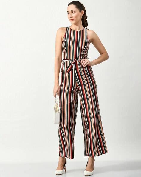 Striped Jumpsuit with Waist Tie-Up