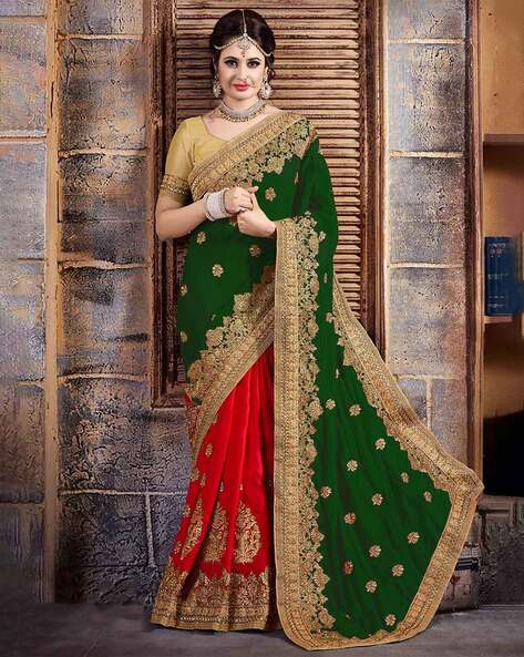 Red saree with green blouse..classic combination | Wedding blouse designs,  Blouse designs, Saree